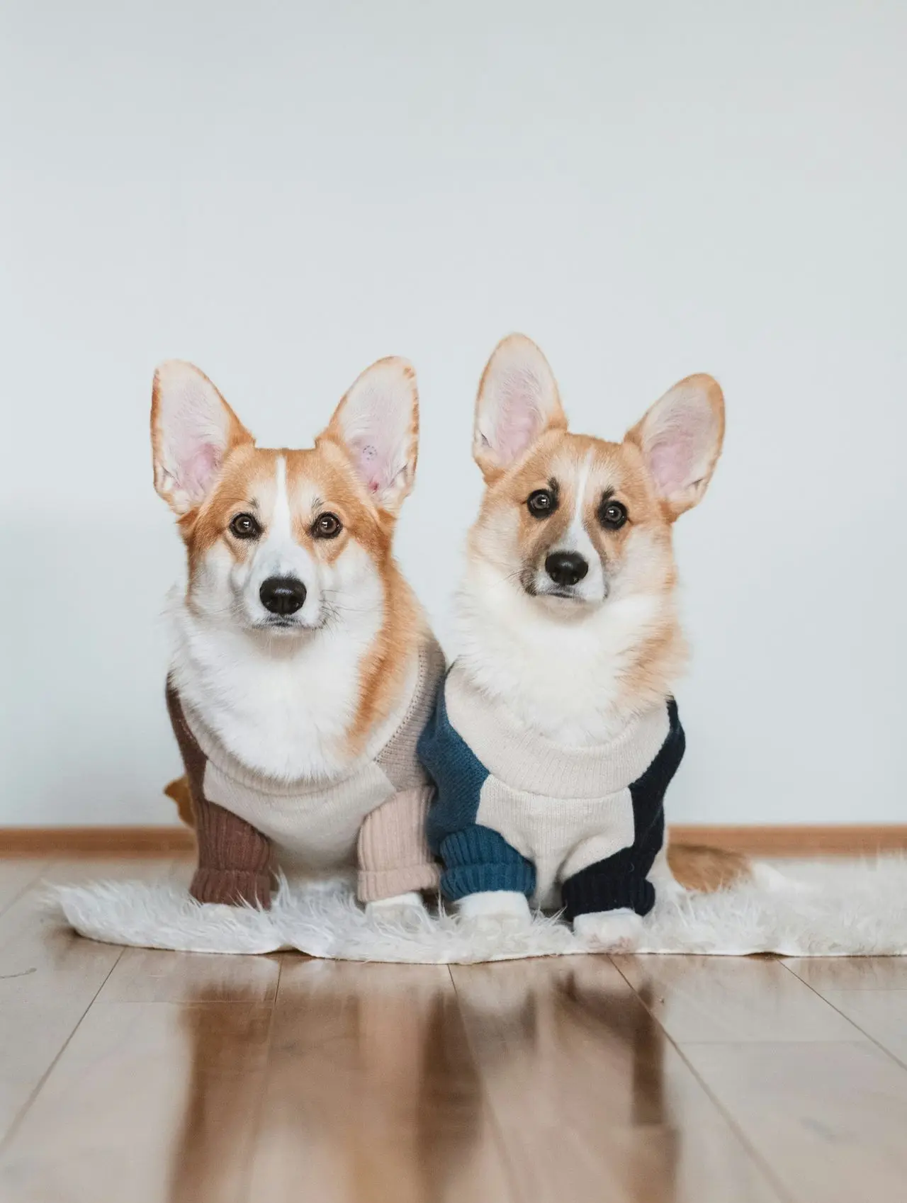 white and brown corgi on white floor tiles